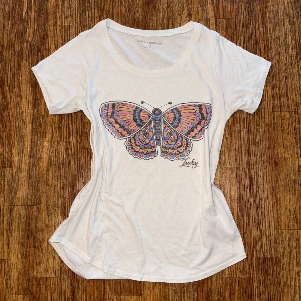 Lucky Brand Graphic Tee T-Shirt Butterfly XS White Short Sleeve Boho Y2K Style